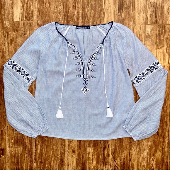 EUC Abercrombie & Fitch peasant blouse blue striped top boho bohemian A&F XSmall - Picture 2 of 9